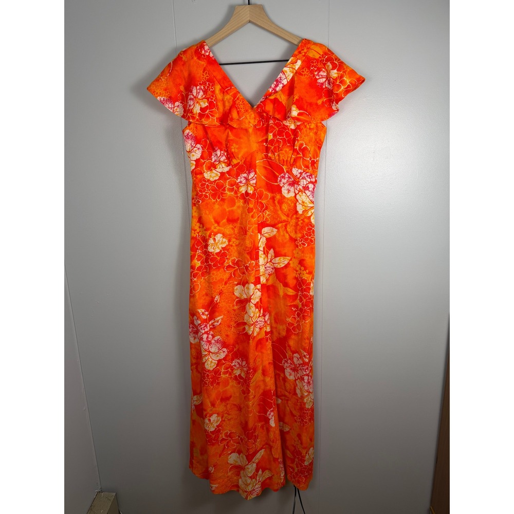 Vintage Keli'i of Hawaii Maxi Dress Boho Women 12 Orange Floral Ruffle 70s Tiki
